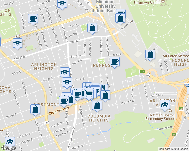 map of restaurants, bars, coffee shops, grocery stores, and more near 723 South Adams Street in Arlington