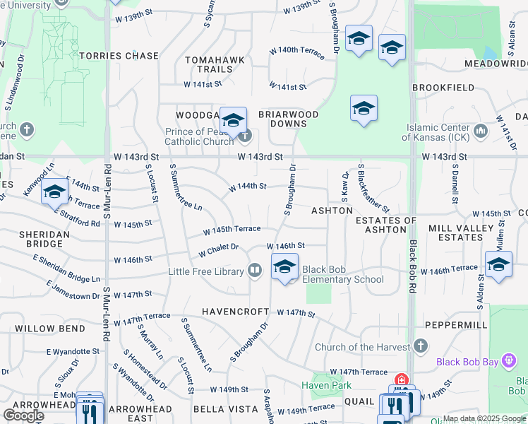 map of restaurants, bars, coffee shops, grocery stores, and more near 14500 South Ashton Street in Olathe