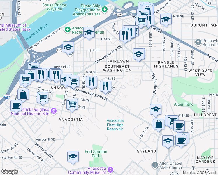 map of restaurants, bars, coffee shops, grocery stores, and more near 1913 T Place Southeast in Washington