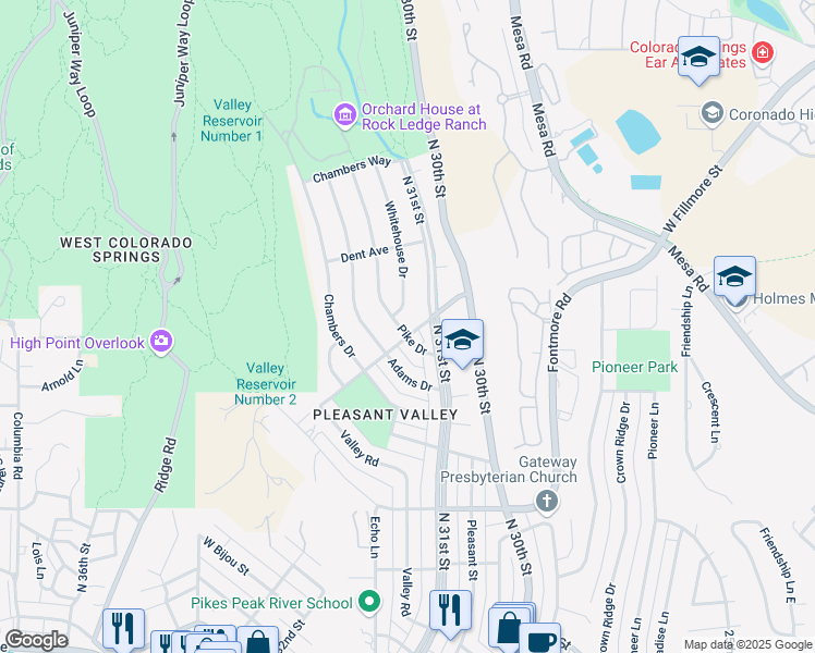 map of restaurants, bars, coffee shops, grocery stores, and more near 1103 Pike Drive in Colorado Springs