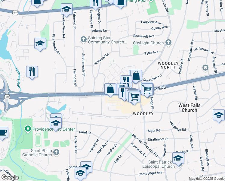 map of restaurants, bars, coffee shops, grocery stores, and more near 7368 Arlington Boulevard in Falls Church