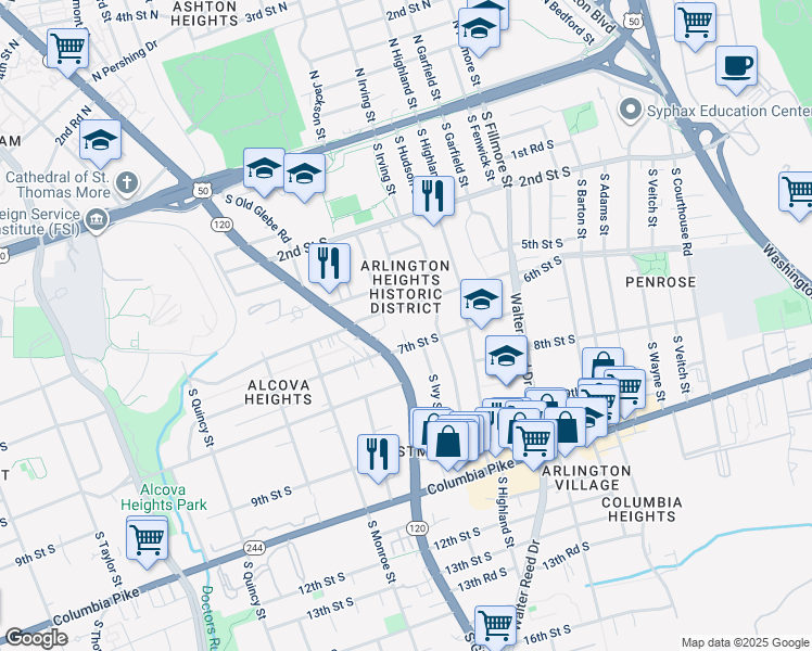 map of restaurants, bars, coffee shops, grocery stores, and more near 611 South Ivy Street in Arlington