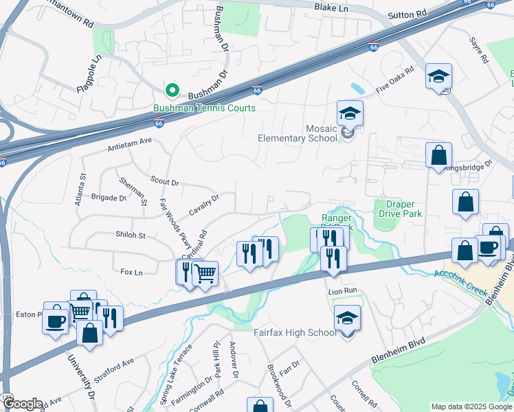 map of restaurants, bars, coffee shops, grocery stores, and more near 3209 Armory Court in Fairfax