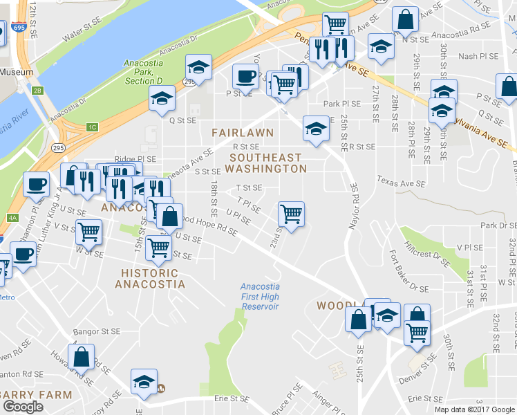 map of restaurants, bars, coffee shops, grocery stores, and more near 1934 21st Place Southeast in Washington
