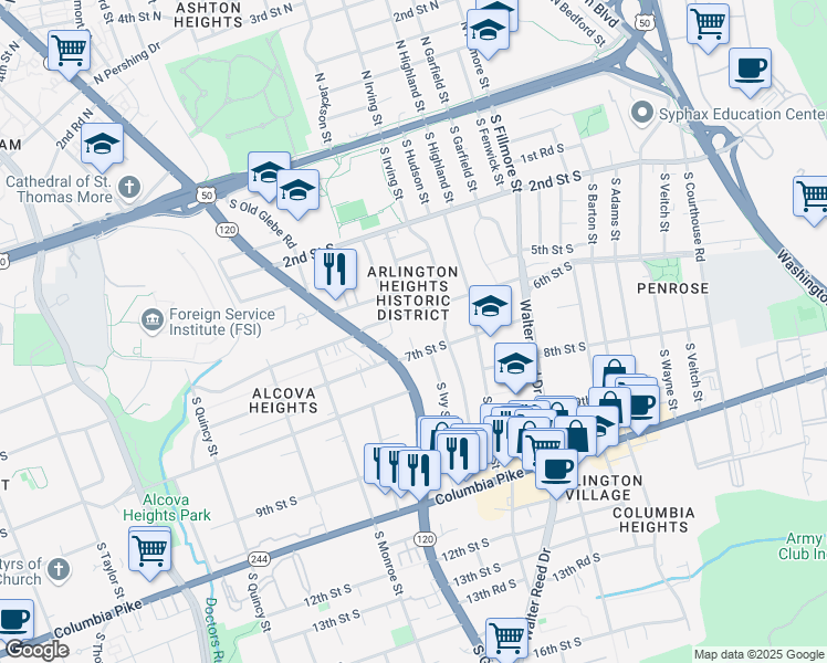 map of restaurants, bars, coffee shops, grocery stores, and more near 611 South Ivy Street in Arlington