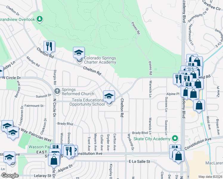 map of restaurants, bars, coffee shops, grocery stores, and more near 2315 Kent Lane in Colorado Springs
