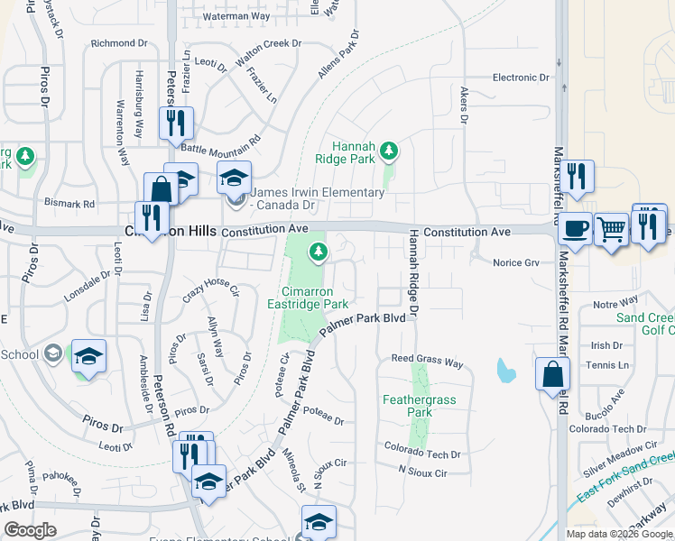 map of restaurants, bars, coffee shops, grocery stores, and more near 2381 Shawnee Drive in Colorado Springs