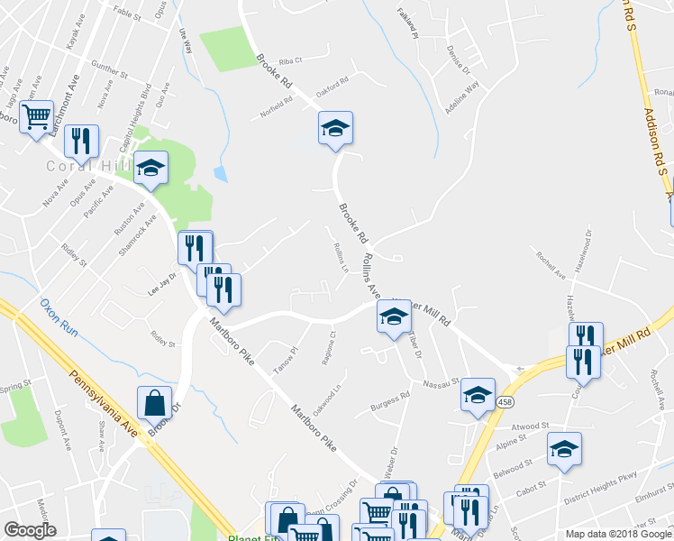 map of restaurants, bars, coffee shops, grocery stores, and more near 5609 Rollins Lane in Capitol Heights