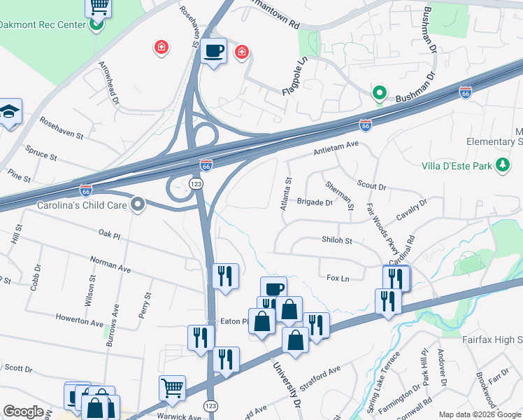 map of restaurants, bars, coffee shops, grocery stores, and more near 3306 Willow Crescent Drive in Fairfax