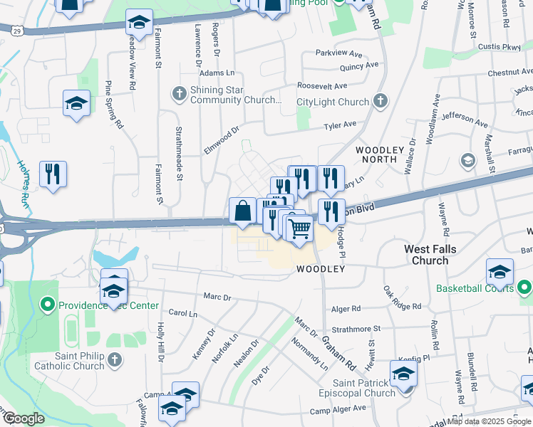 map of restaurants, bars, coffee shops, grocery stores, and more near 7324 Arlington Boulevard in Falls Church