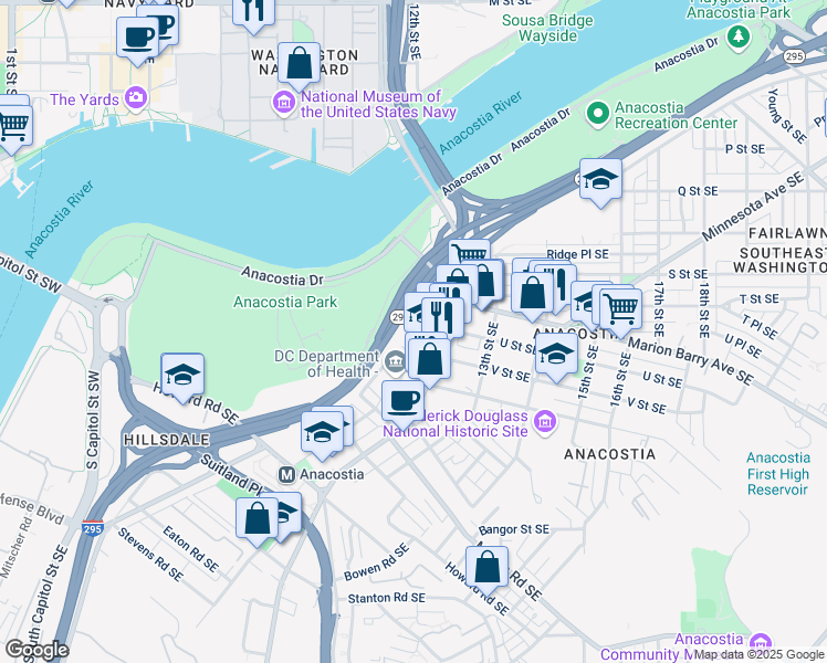 map of restaurants, bars, coffee shops, grocery stores, and more near 2019 Shannon Place Southeast in Washington