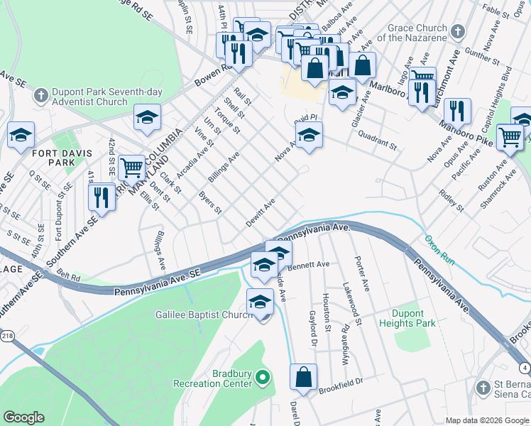 map of restaurants, bars, coffee shops, grocery stores, and more near 4320 Will Street in Capitol Heights