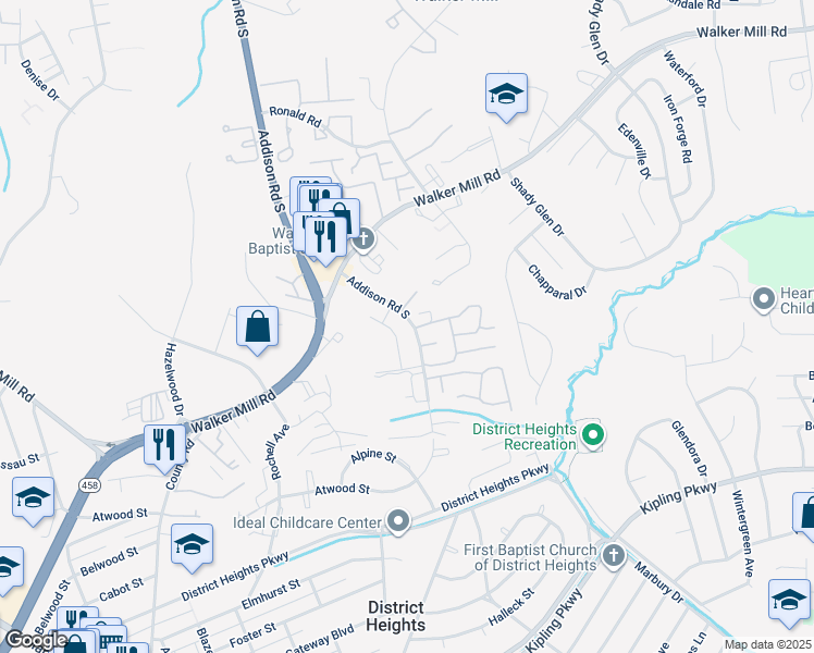 map of restaurants, bars, coffee shops, grocery stores, and more near 1719 Addison Road South in District Heights
