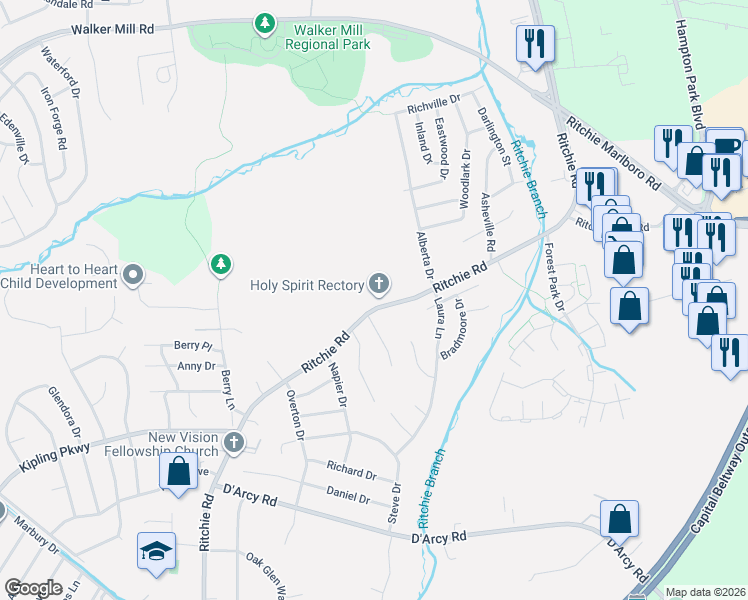 map of restaurants, bars, coffee shops, grocery stores, and more near 1719 Ritchie Road in District Heights