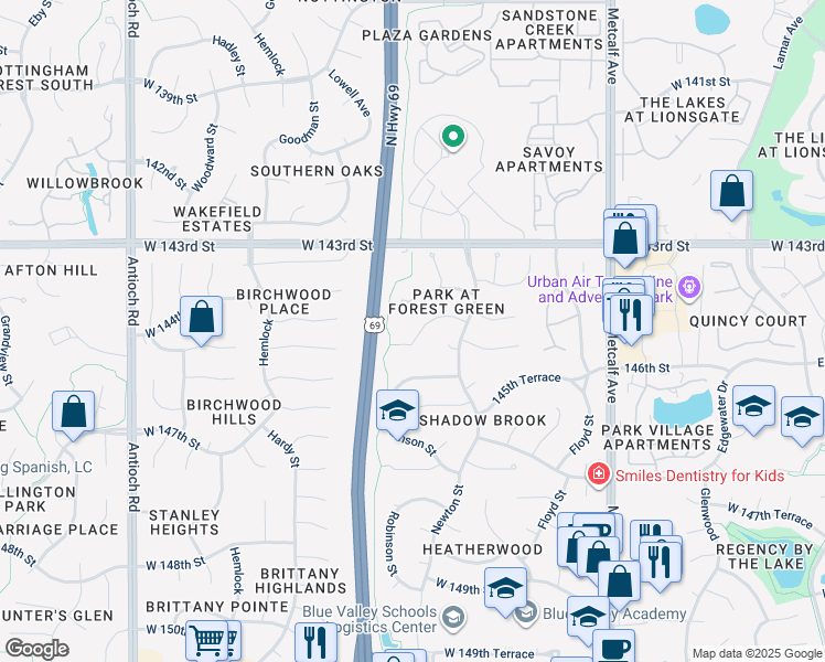 map of restaurants, bars, coffee shops, grocery stores, and more near 7814 West 144th Terrace in Overland Park