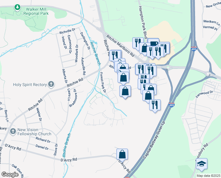 map of restaurants, bars, coffee shops, grocery stores, and more near 1661 Tulip Avenue in District Heights