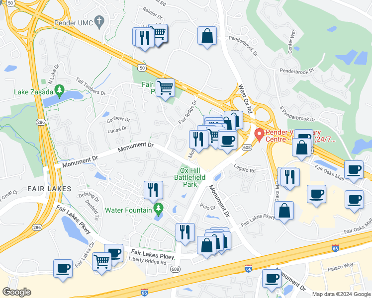 map of restaurants, bars, coffee shops, grocery stores, and more near 12266 Fort Buffalo Circle in Fairfax