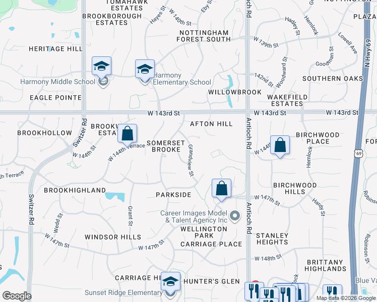 map of restaurants, bars, coffee shops, grocery stores, and more near 14343 Kessler Street in Overland Park
