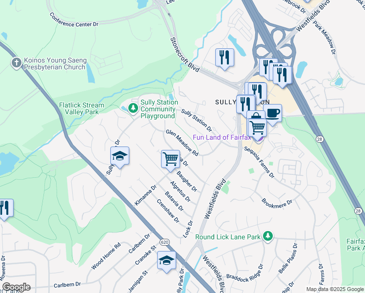 map of restaurants, bars, coffee shops, grocery stores, and more near 5233 Glen Meadow Road in Centreville
