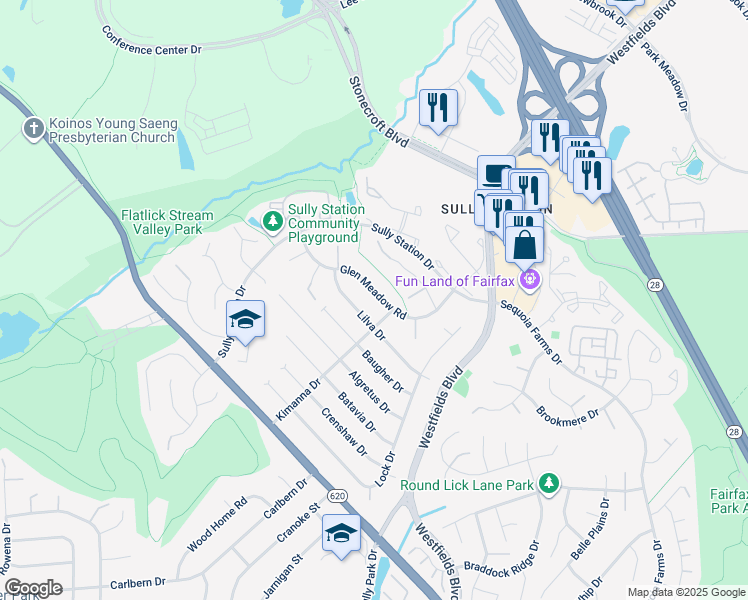 map of restaurants, bars, coffee shops, grocery stores, and more near 5233 Glen Meadow Road in Centreville
