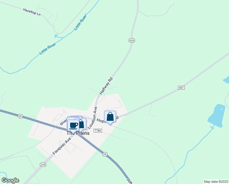 map of restaurants, bars, coffee shops, grocery stores, and more near 4169 Halfway Road in The Plains