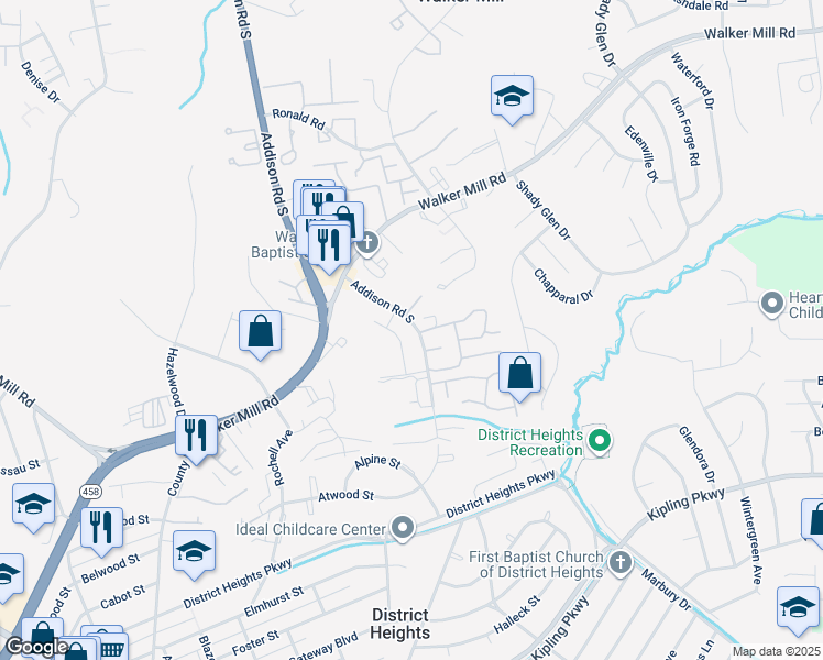 map of restaurants, bars, coffee shops, grocery stores, and more near 1719 Addison Road South in District Heights