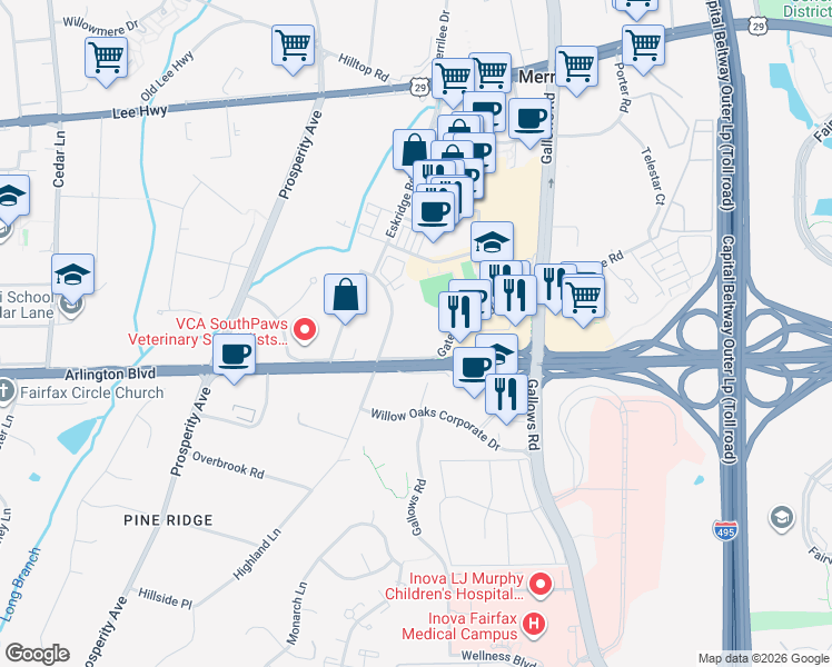 map of restaurants, bars, coffee shops, grocery stores, and more near 8316 Arlington Boulevard in Fairfax