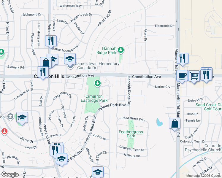 map of restaurants, bars, coffee shops, grocery stores, and more near 2395D Washo Circle in Colorado Springs