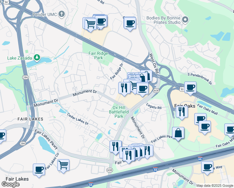 map of restaurants, bars, coffee shops, grocery stores, and more near 12266 Fort Buffalo Circle in Fairfax