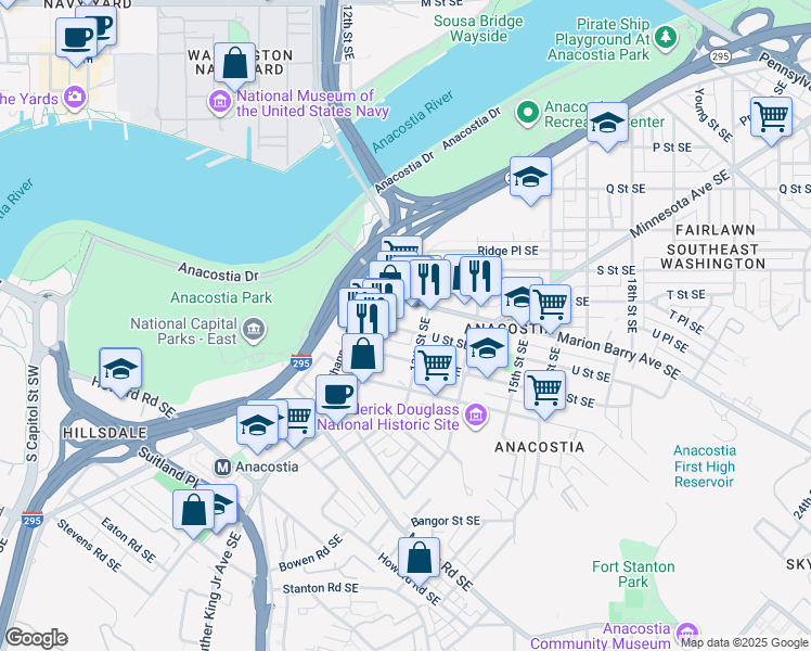 map of restaurants, bars, coffee shops, grocery stores, and more near 1228 U Street Southeast in Washington