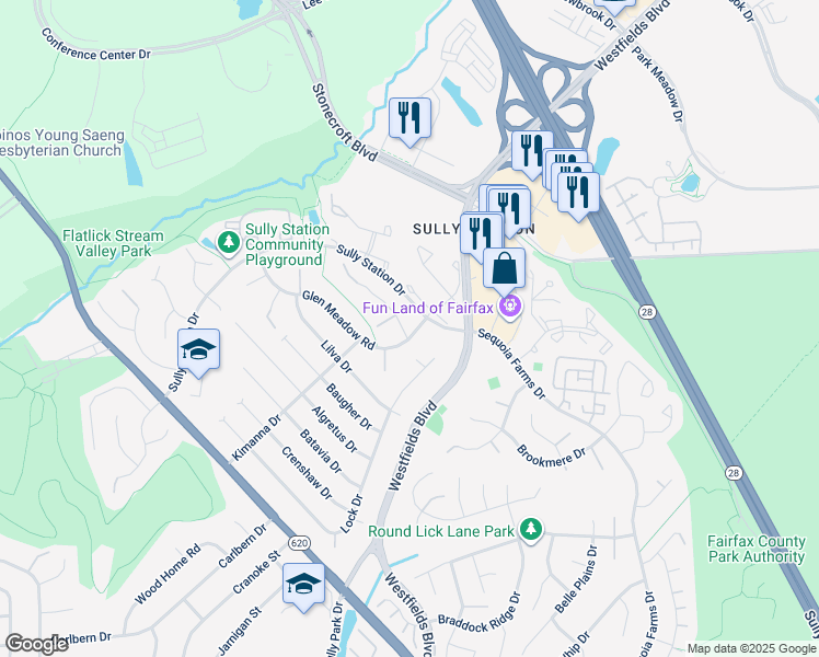 map of restaurants, bars, coffee shops, grocery stores, and more near 5204 Glen Meadow Road in Centreville