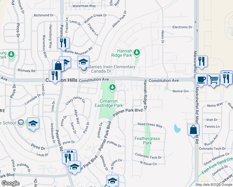 map of restaurants, bars, coffee shops, grocery stores, and more near 2381 Shawnee Drive in Colorado Springs