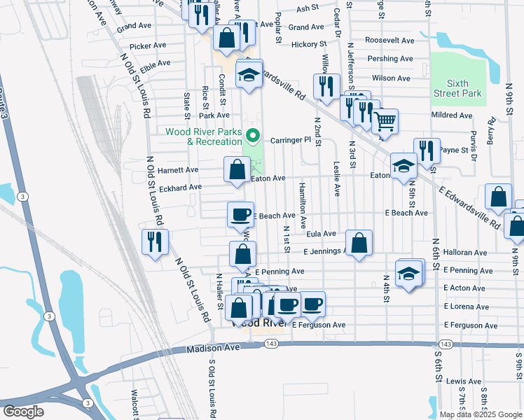 map of restaurants, bars, coffee shops, grocery stores, and more near 510 North Whitelaw Avenue in Wood River
