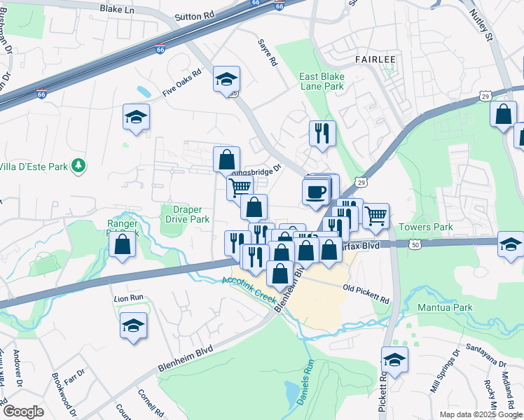 map of restaurants, bars, coffee shops, grocery stores, and more near 9535 Sutherland Hill Court in Fairfax