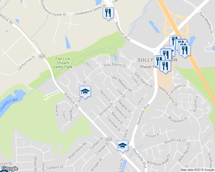 map of restaurants, bars, coffee shops, grocery stores, and more near 14707 Rabbit Run Ct in Centreville