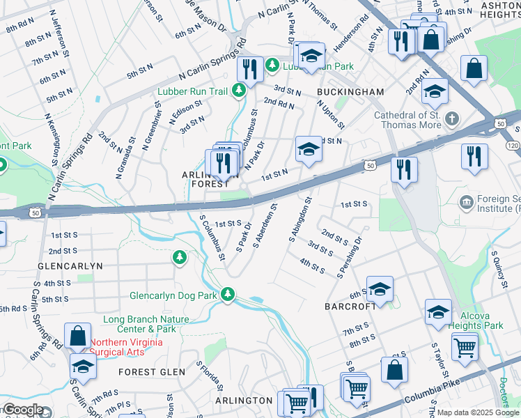 map of restaurants, bars, coffee shops, grocery stores, and more near 4762 Arlington Boulevard in Arlington