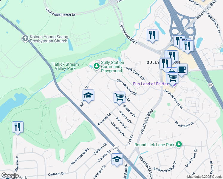 map of restaurants, bars, coffee shops, grocery stores, and more near 14707 Rabbit Run Ct in Centreville