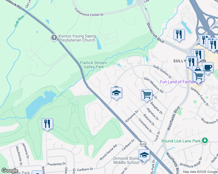 map of restaurants, bars, coffee shops, grocery stores, and more near 5205 Honeysuckle Court in Centreville