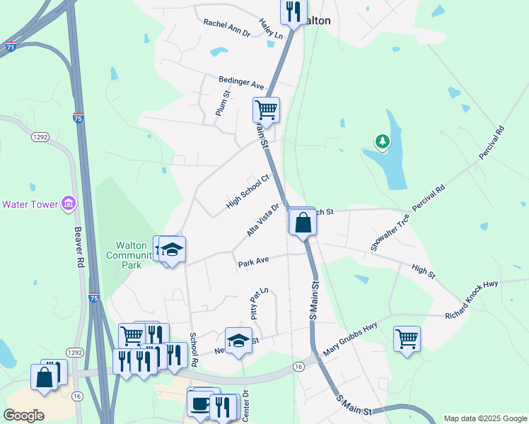 map of restaurants, bars, coffee shops, grocery stores, and more near 15 Alta Vista Drive in Walton