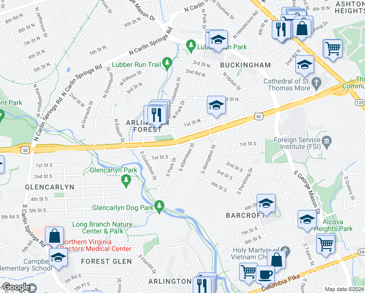 map of restaurants, bars, coffee shops, grocery stores, and more near 4762 Arlington Boulevard in Arlington