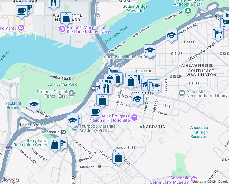 map of restaurants, bars, coffee shops, grocery stores, and more near 1228 U Street Southeast in Washington
