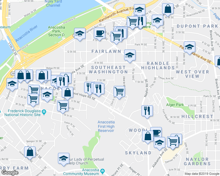 map of restaurants, bars, coffee shops, grocery stores, and more near 1980 Retta Gilliam Court Southeast in Washington
