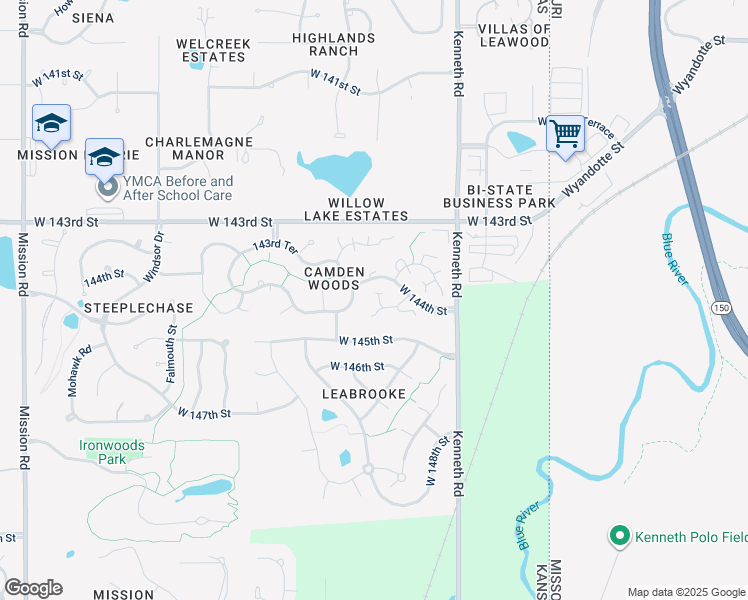 map of restaurants, bars, coffee shops, grocery stores, and more near 14430 Meadow Court in Overland Park