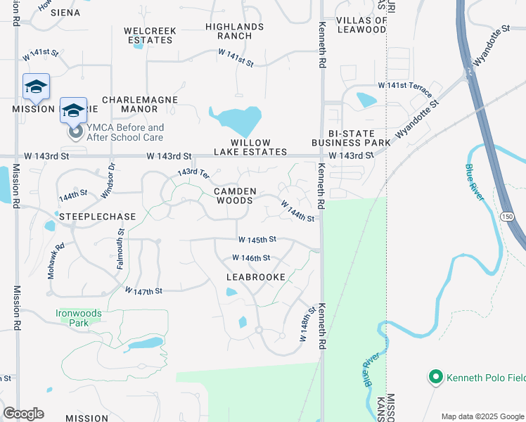 map of restaurants, bars, coffee shops, grocery stores, and more near 14430 Meadow Court in Overland Park