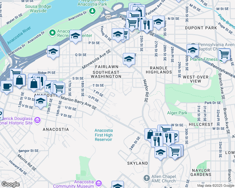 map of restaurants, bars, coffee shops, grocery stores, and more near 1998 Retta Gilliam Court Southeast in Washington
