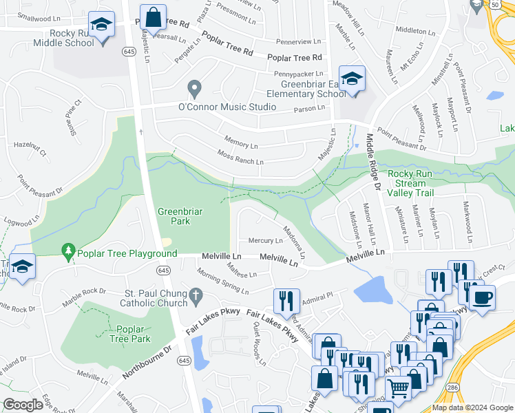 map of restaurants, bars, coffee shops, grocery stores, and more near 13135 Madonna Lane in Fairfax
