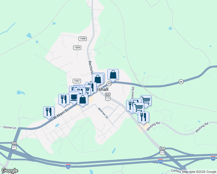 map of restaurants, bars, coffee shops, grocery stores, and more near 8301 West Main Street in Marshall