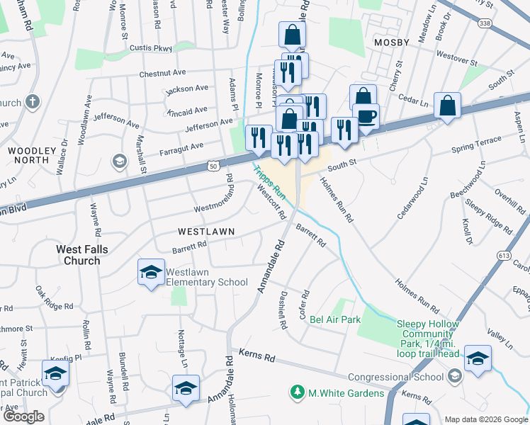 map of restaurants, bars, coffee shops, grocery stores, and more near 3034 Westlawn Place in Falls Church
