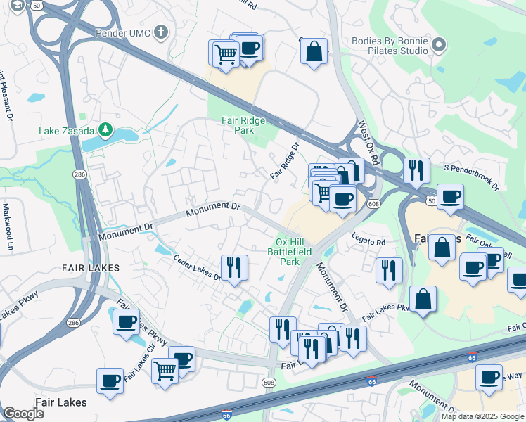 map of restaurants, bars, coffee shops, grocery stores, and more near 12282 Fort Buffalo Circle in Fairfax