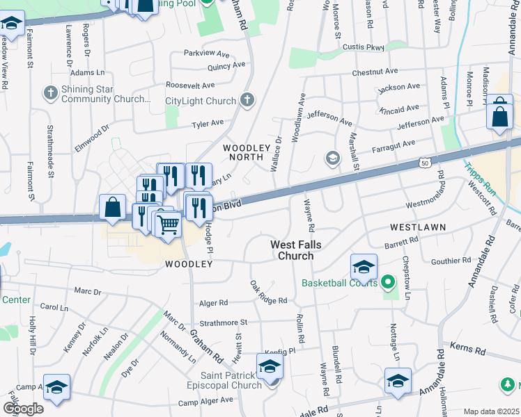 map of restaurants, bars, coffee shops, grocery stores, and more near 7102 Woodley Lane in Falls Church